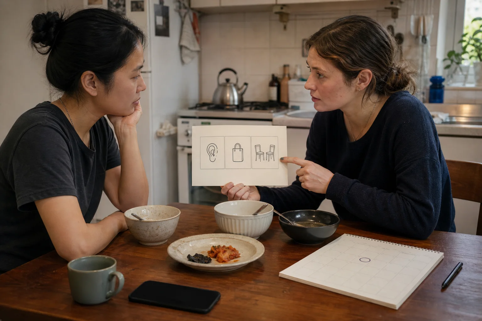 Two adult friends at a kitchen table using a simple listening, practical-help, and quiet-company choice card beside a private phone and follow-up calendar