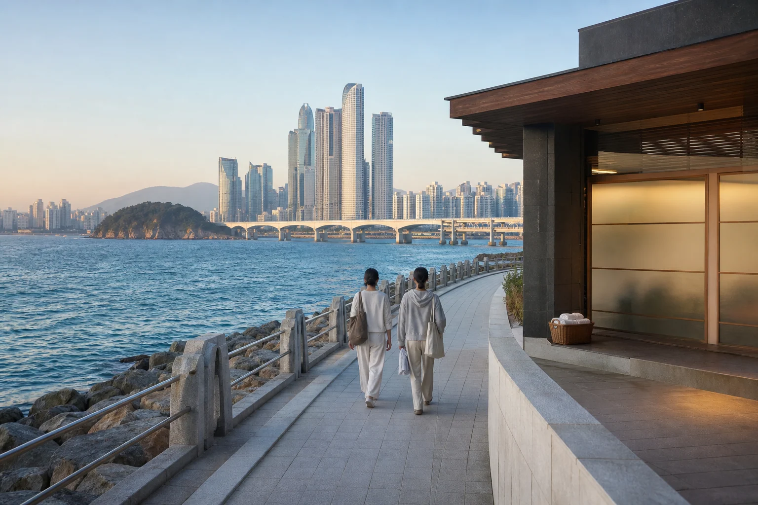 Two friends walking a Busan-style urban coastal promenade beside the sea and a non-specific contemporary bathhouse exterior