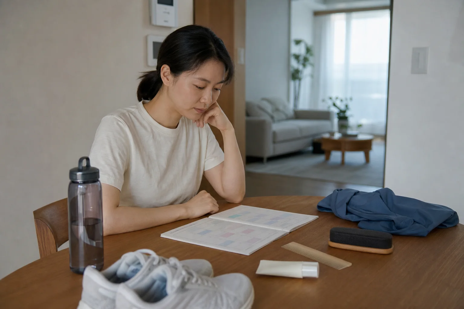 Korean adult reviewing a blank weekly maintenance planner beside walking shoes, a comb, garment brush, water bottle, sunscreen, and everyday clothing