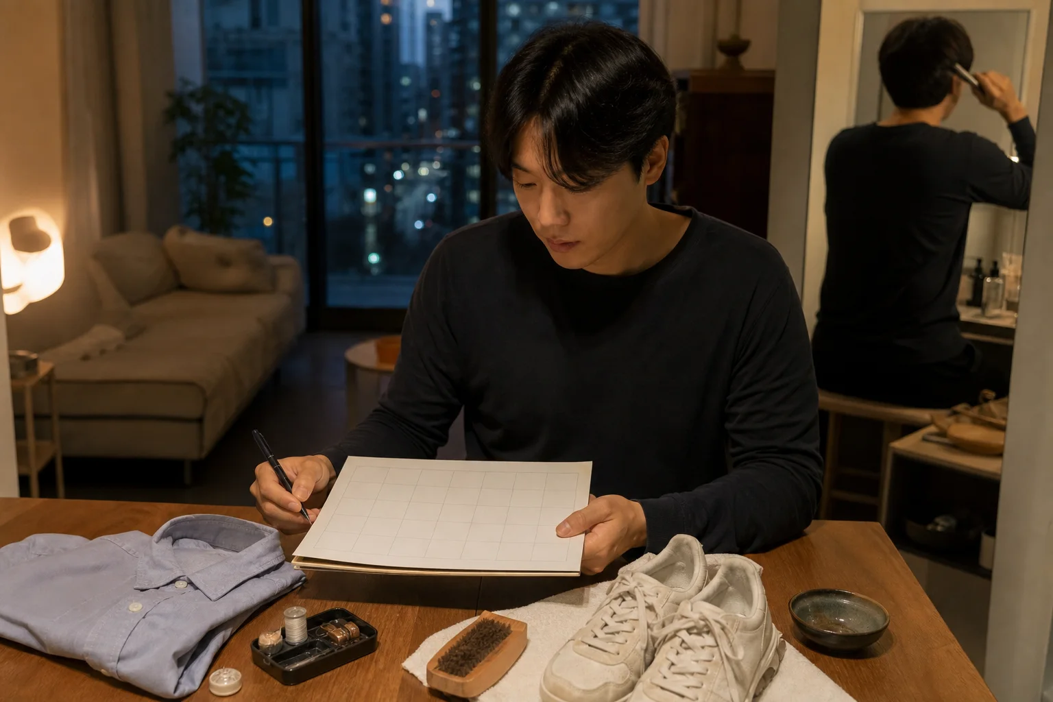 Korean adult reviewing a blank weekly calendar while mending a shirt, cleaning everyday shoes, and checking hair at a mirror