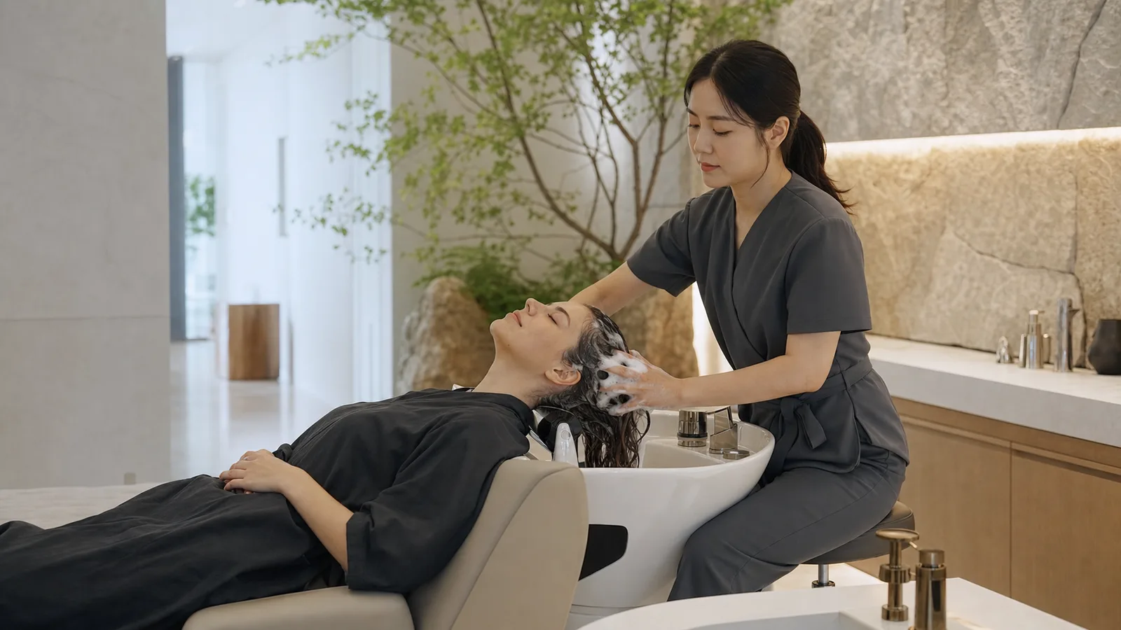 Korean head-spa practitioner washing a guest's hair in a calm contemporary salon