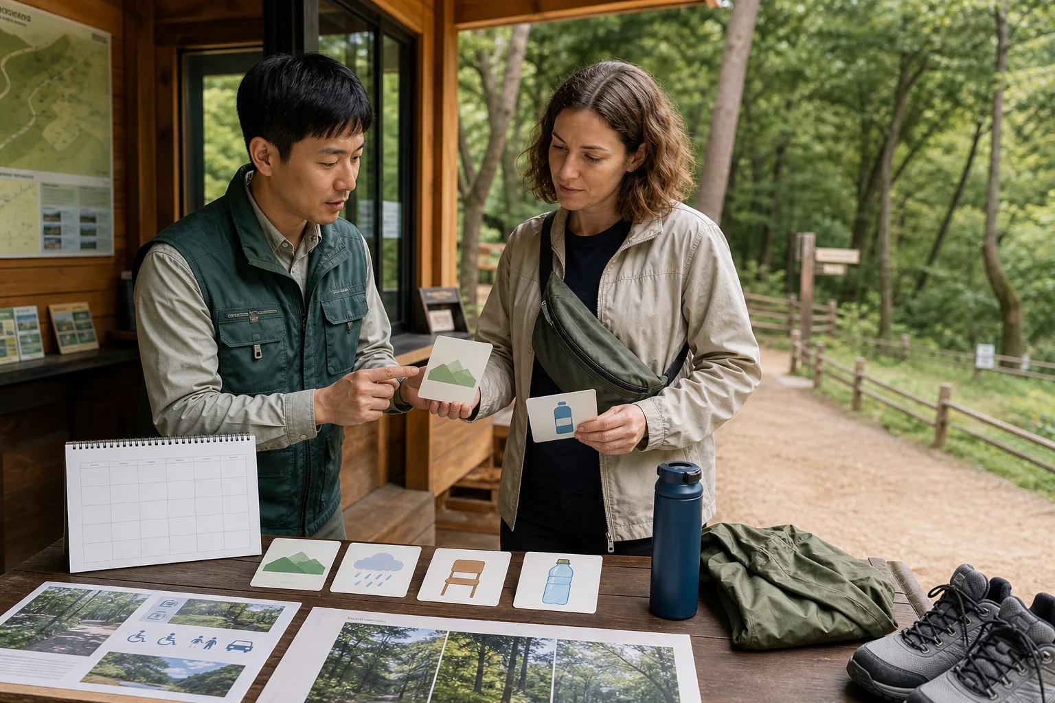 Korean forest-program staff member and international visitor comparing terrain, weather, rest, and water cards beside a wooded path