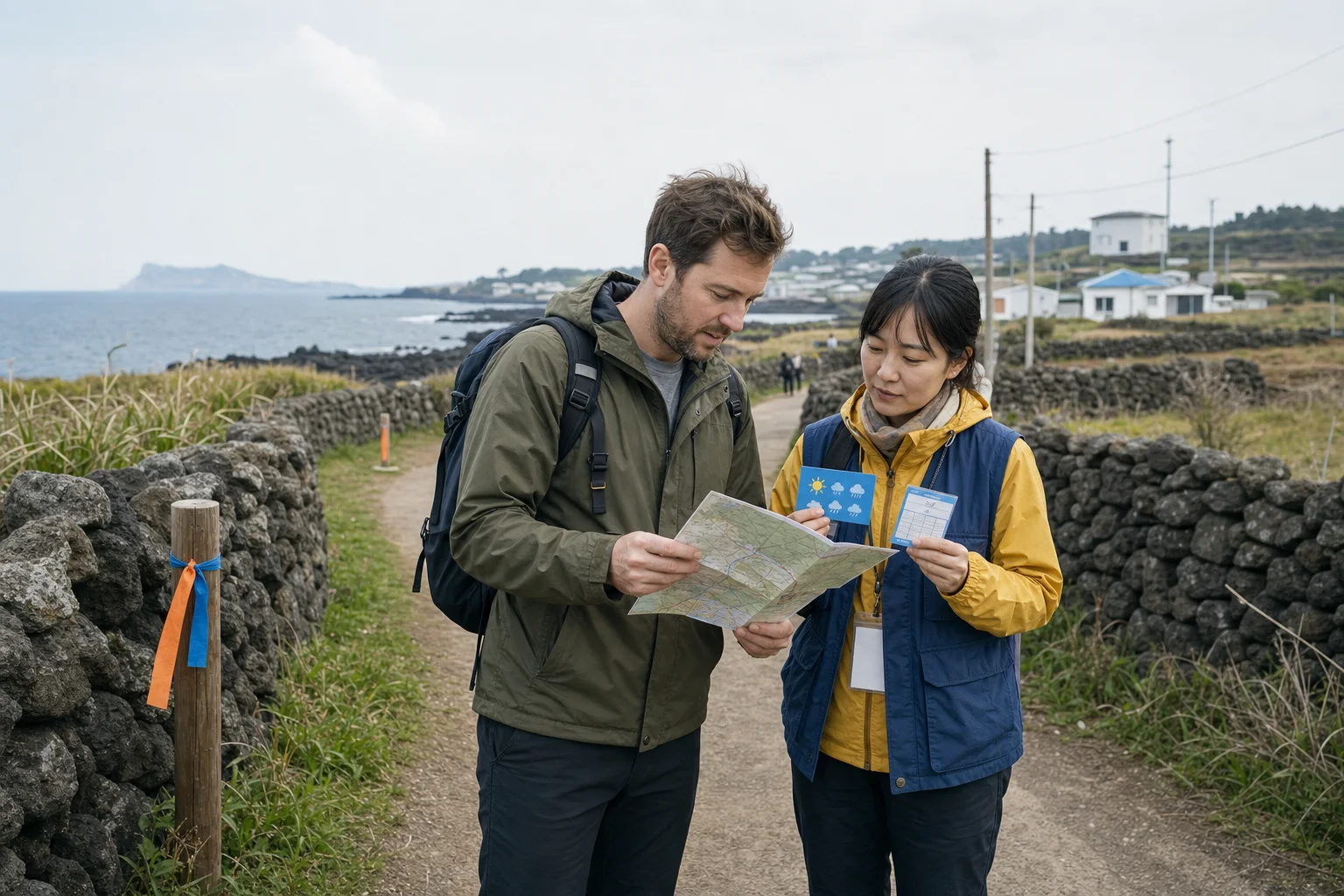International traveller and Korean route volunteer comparing a map, weather card, and timetable beside a Jeju coastal path and volcanic-stone wall