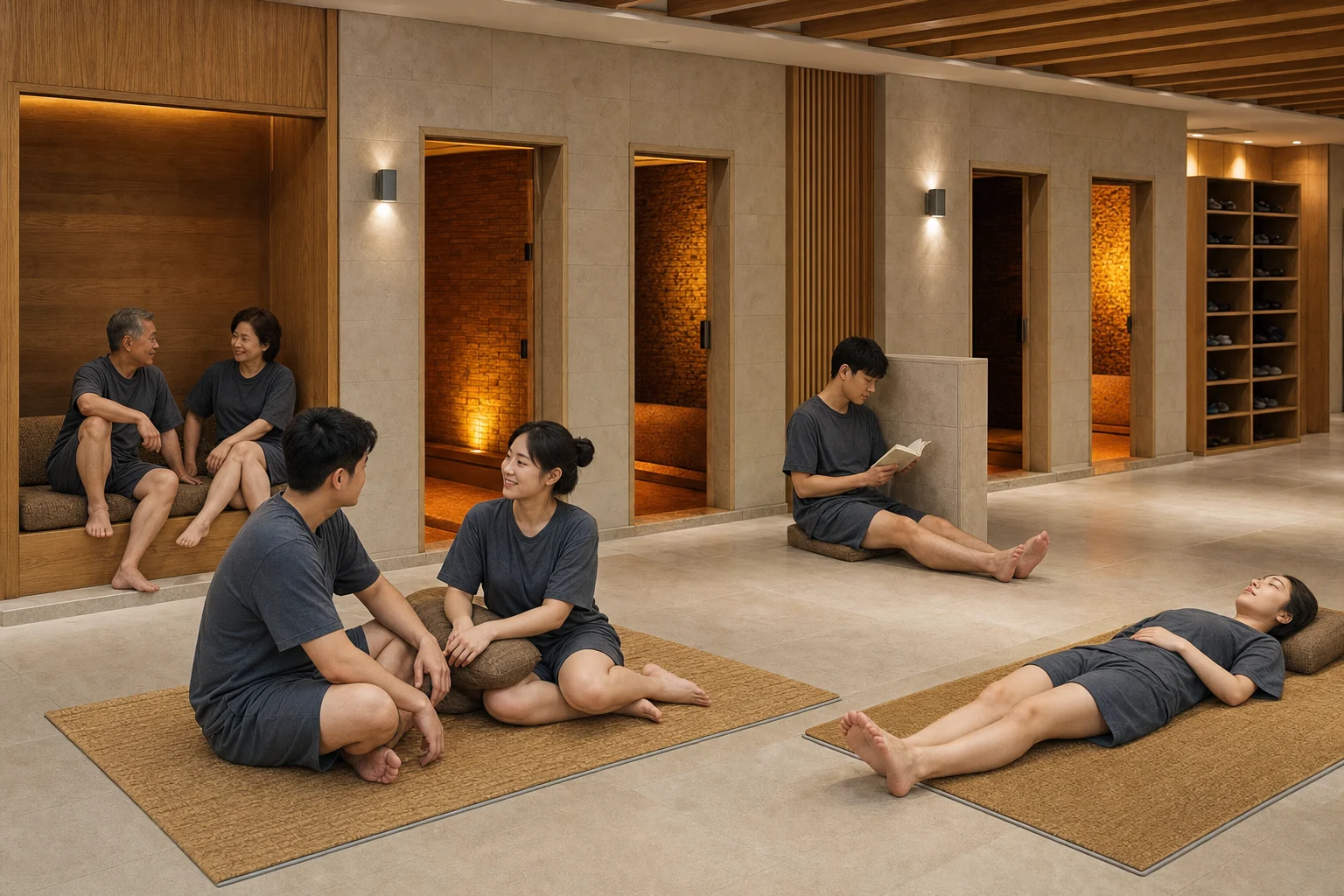 Fully clothed adults rest and talk in a contemporary Korean jjimjilbang dry lounge with warm kiln-room doors