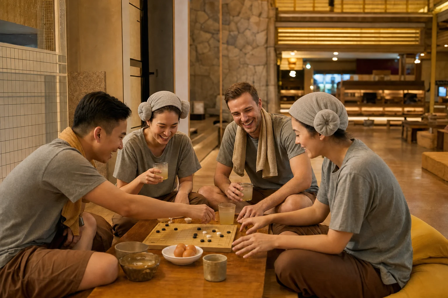 Korean and international friends, including two women wearing Korean sheep-head towels, sharing sikhye, baked eggs, and a board game in a contemporary South Korean jjimjilbang lounge