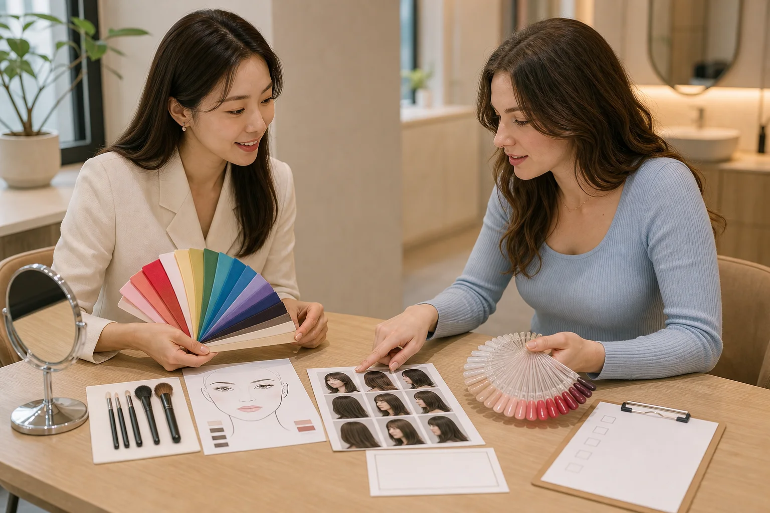 Korean consultant and international visitor comparing personal-colour fabric, makeup tools, hairstyle references, manicure colours, and a blank consent checklist