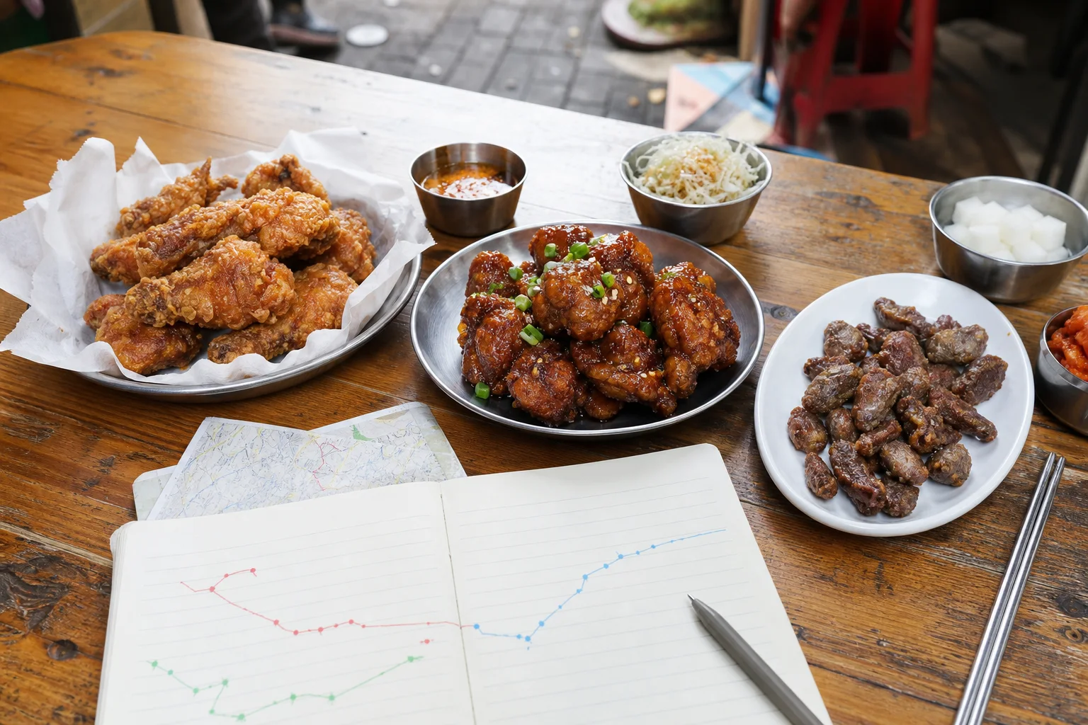 Three distinct Korean chicken formats arranged beside an unbranded route map and travel notebook