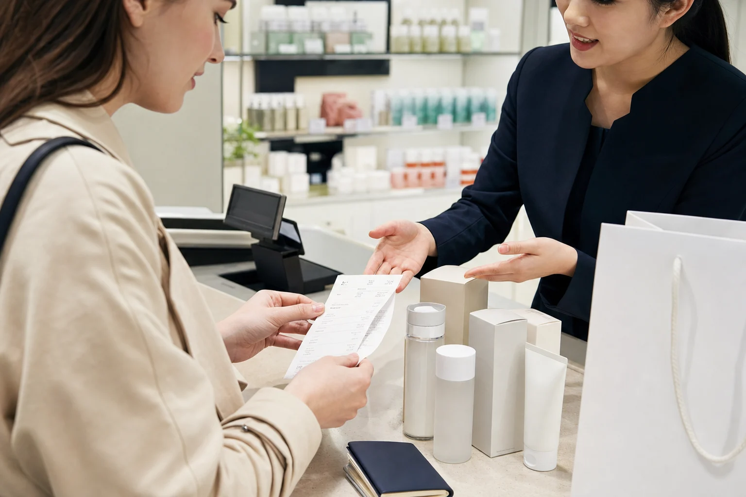 Traveler and Korean retail staff member reviewing an unreadable receipt beside generic skincare products at a Seoul counter