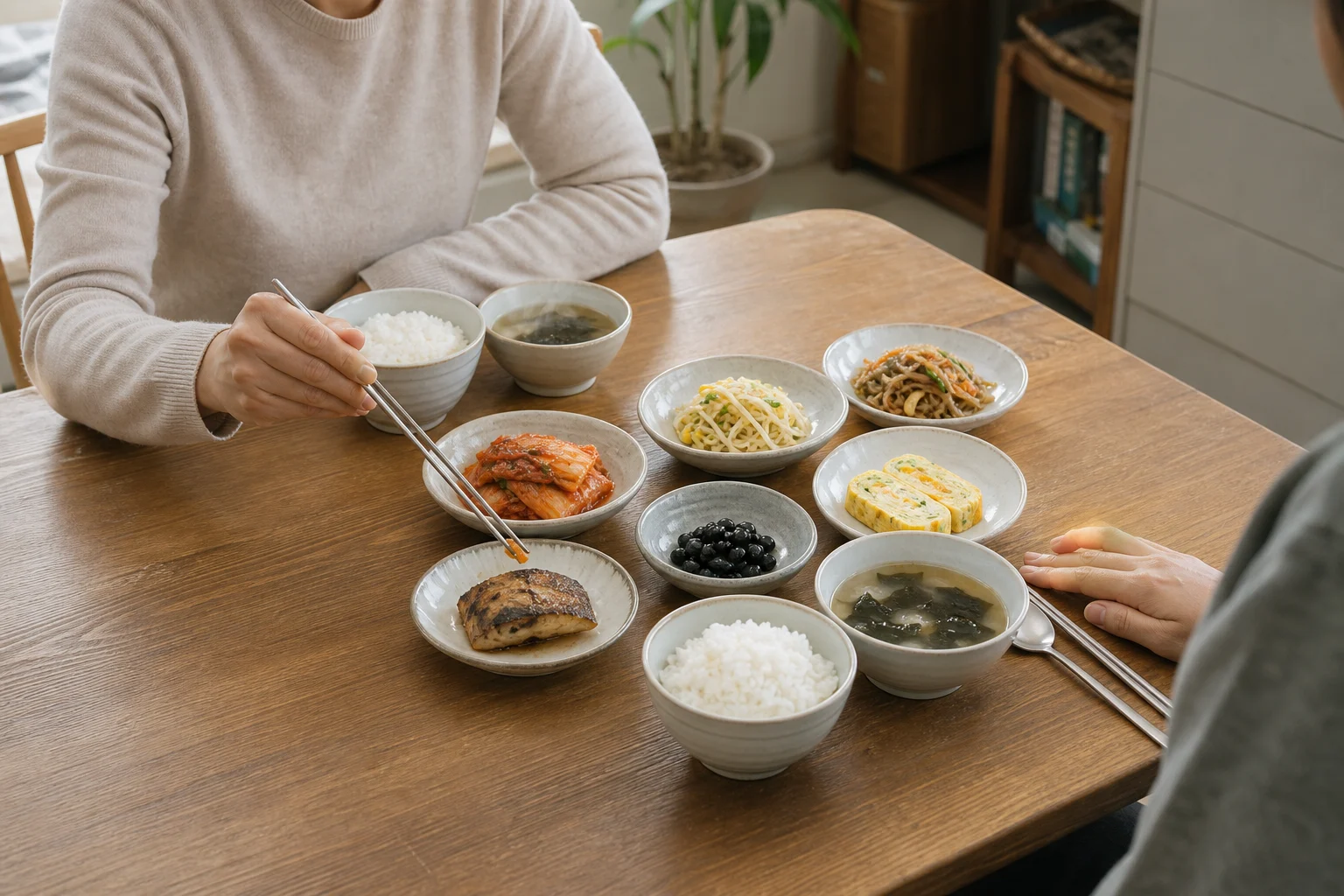 Two adults eat individual bowls of rice and soup while choosing among six shared Korean side dishes