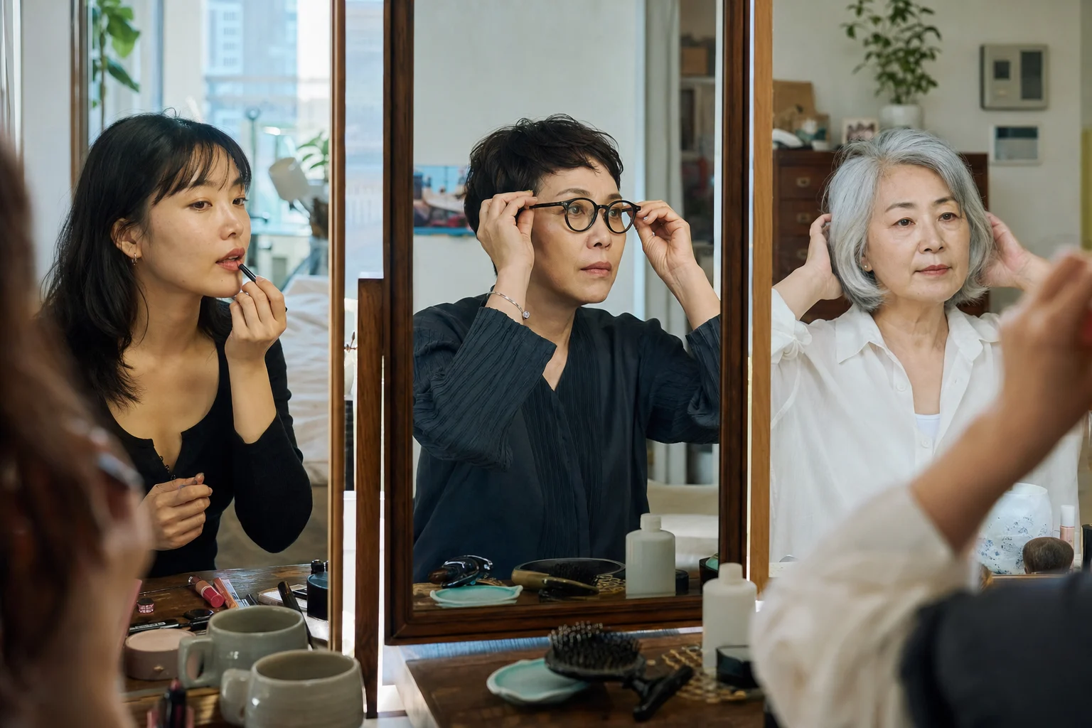 Three Korean adults of different ages choose their own makeup, glasses, and naturally gray hairstyle at separate mirrors