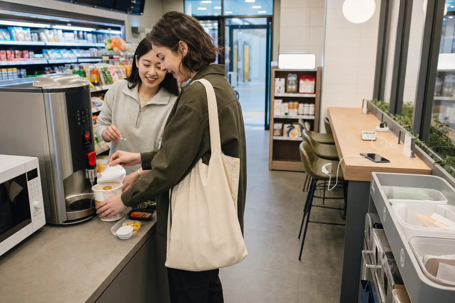 Korean and international friends adding hot water to a simple meal beside a microwave, seating counter, charging outlets, and recycling station