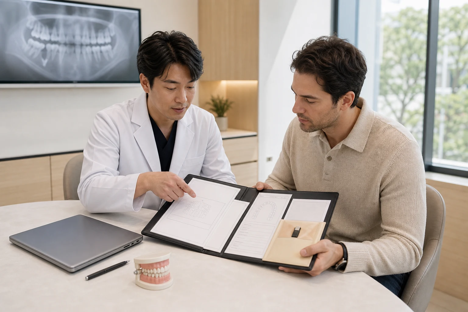 A Korean dentist and an international adult review a blank dental records handoff folder in a consultation room