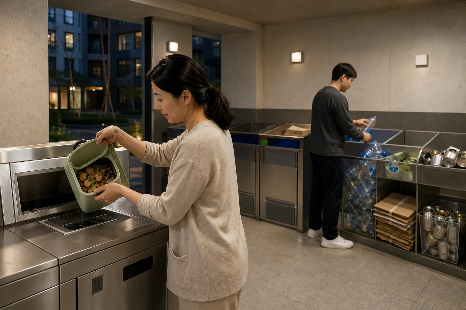 Two Korean apartment residents separate food scraps, clear bottles, cardboard, and cans in a modern shared collection room