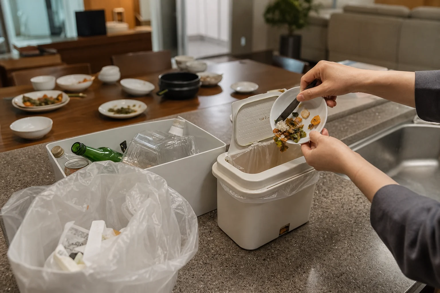Hands separate modest dinner leftovers from clean recyclable packaging in a contemporary Korean apartment kitchen