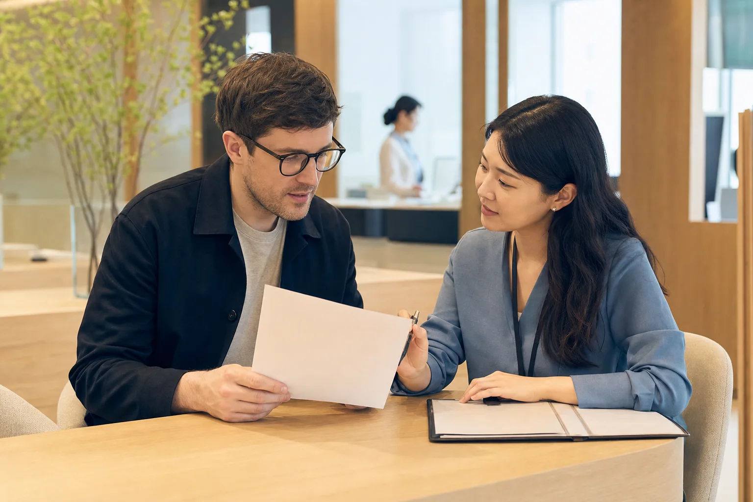 An international adult and a Korean healthcare coordinator compare a blank appointment checklist at a calm reception desk