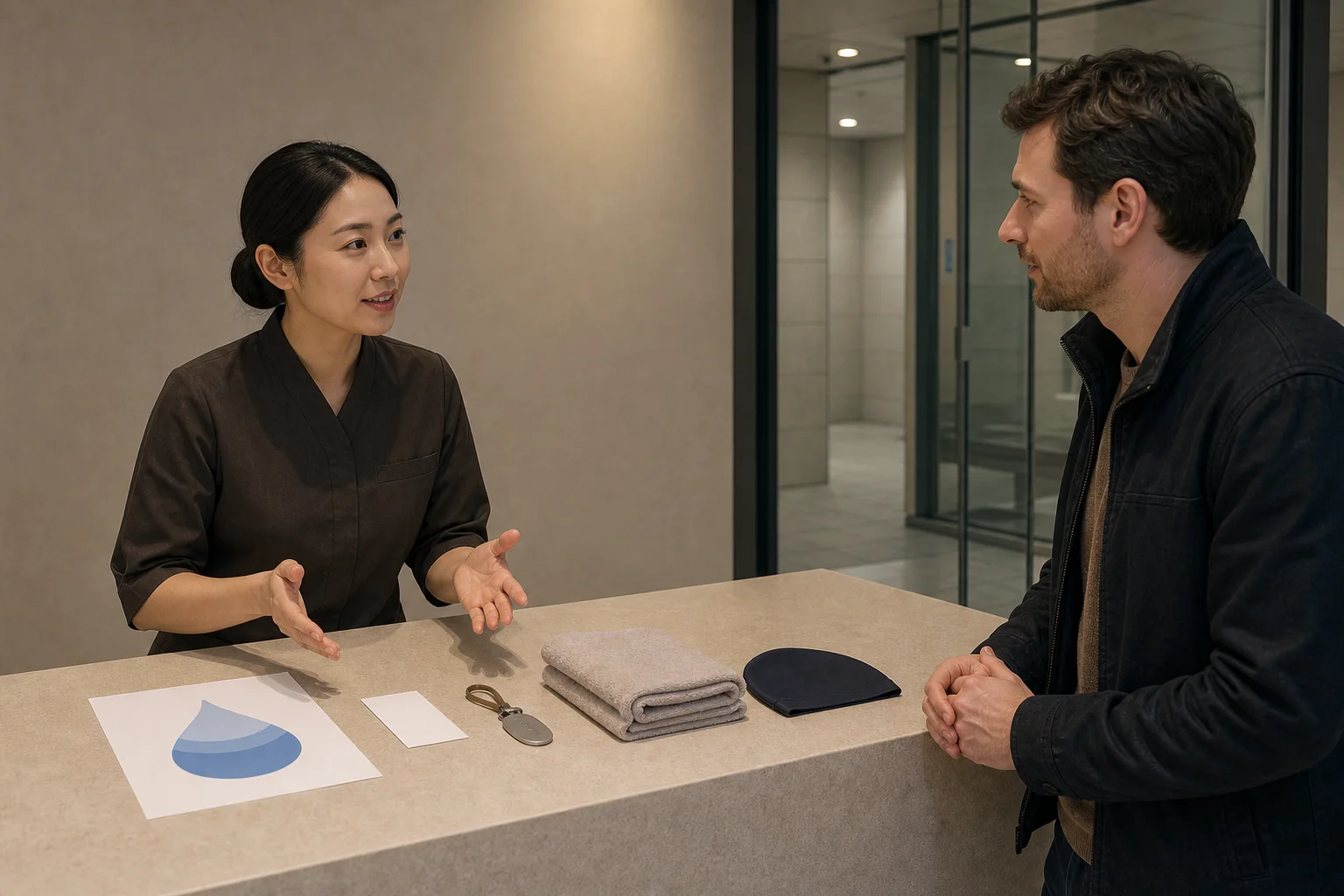 Korean staff member and international visitor discussing a blank water-source diagram, admission card, locker key, towel, and swim cap before entry