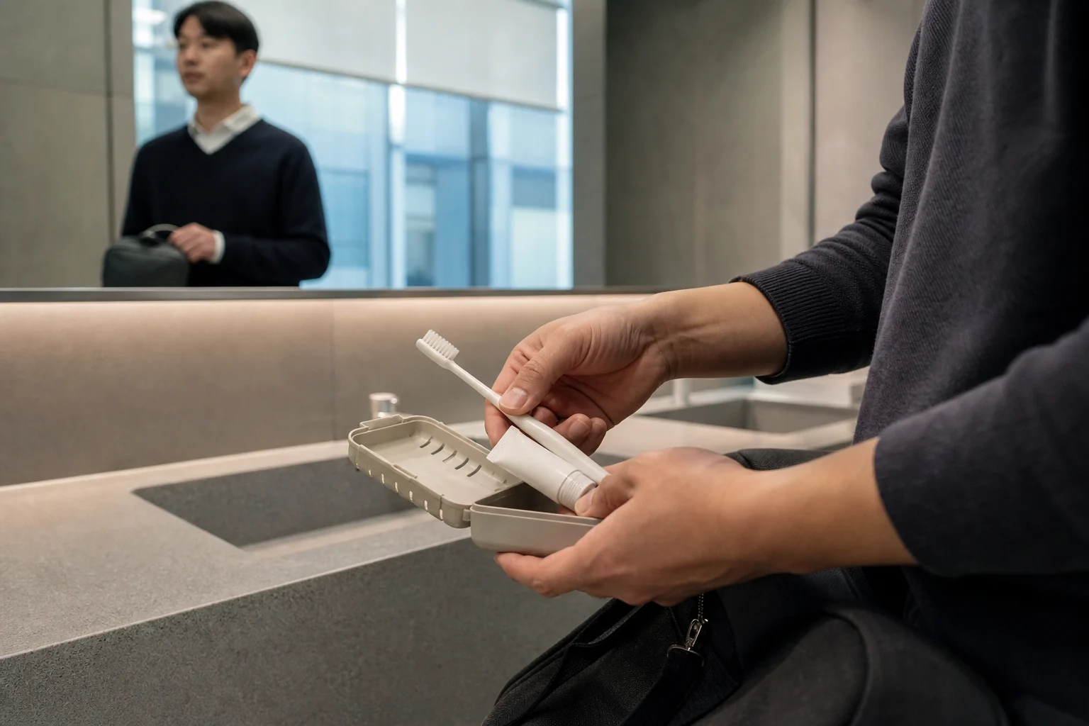 An adult packs a toothbrush into a portable case while a coworker waits at a respectful distance in a shared washroom