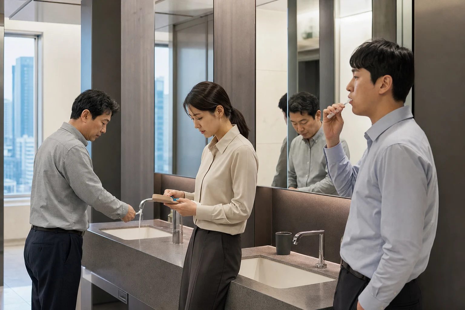 Three Korean adult coworkers quietly use toothbrushes and portable brush cases at a shared office washroom after lunch