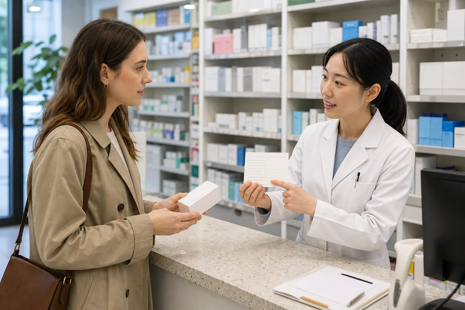 Korean pharmacist and international visitor discussing a blank instruction card and generic unbranded package at an ordinary pharmacy counter