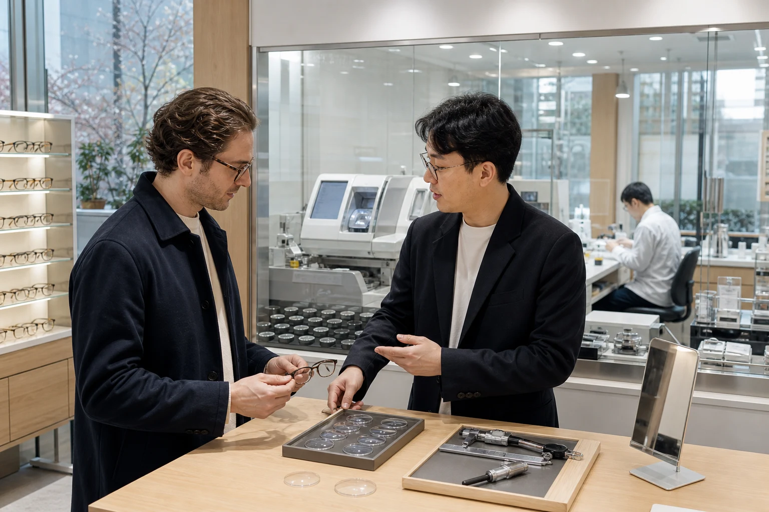 An international customer and a Korean optician compare a frame and blank lenses beside an in-store lens-edging workshop