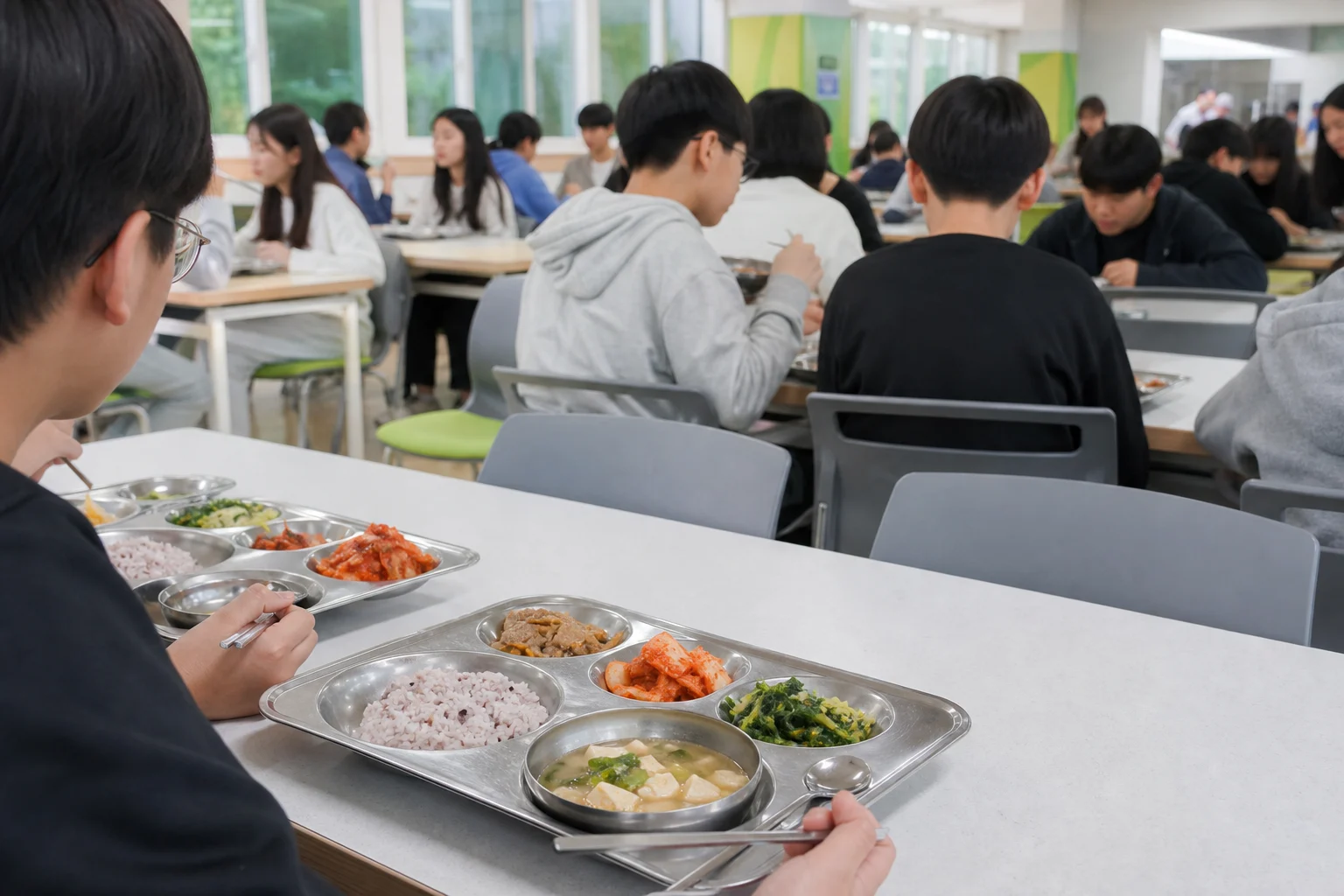 A Korean school cafeteria with students sharing lunch at long tables, shown without school identifiers