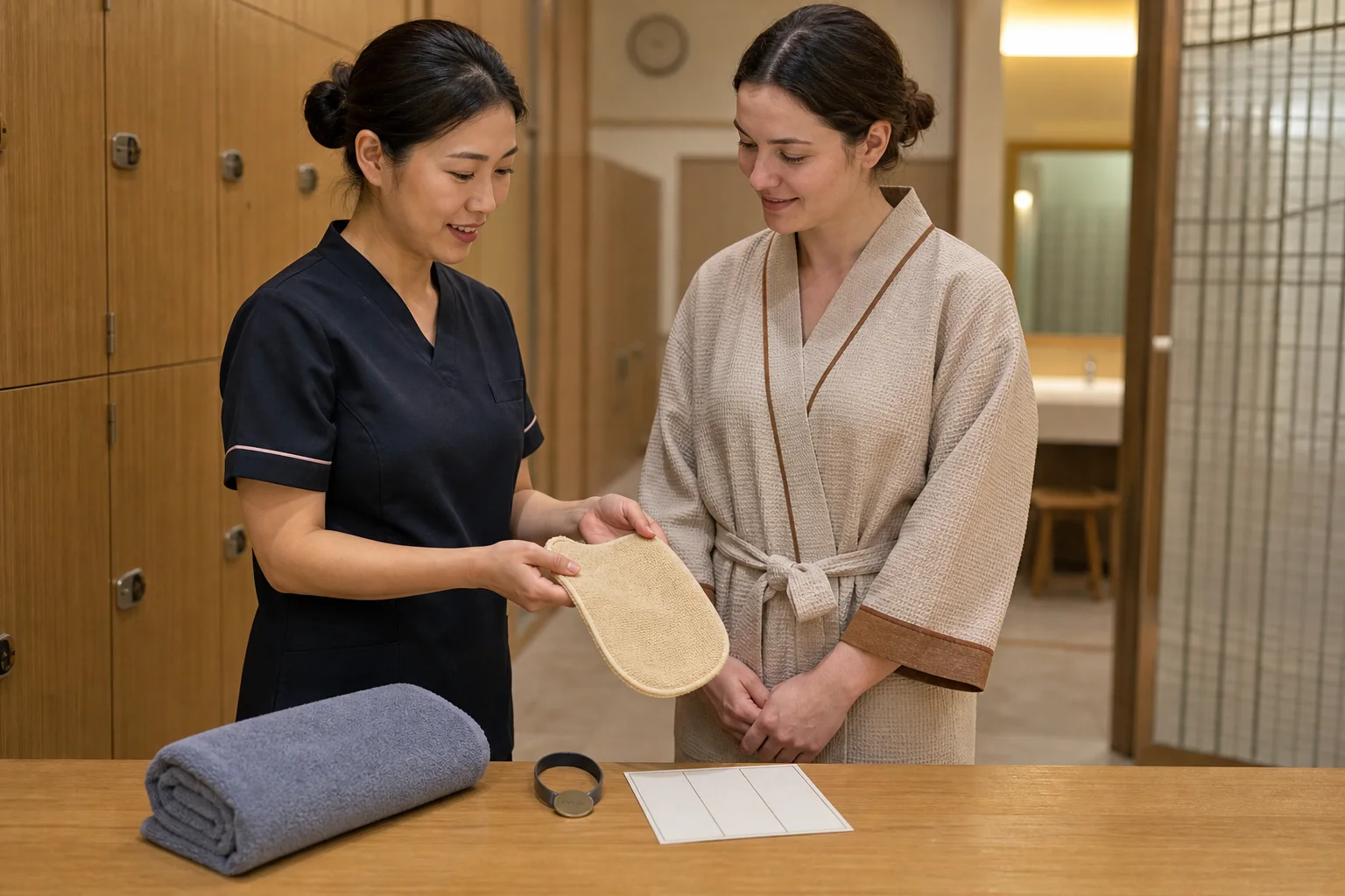 Fully robed Korean bathhouse attendant and international visitor reviewing an exfoliation mitt, towel, locker key, and blank service-sequence card