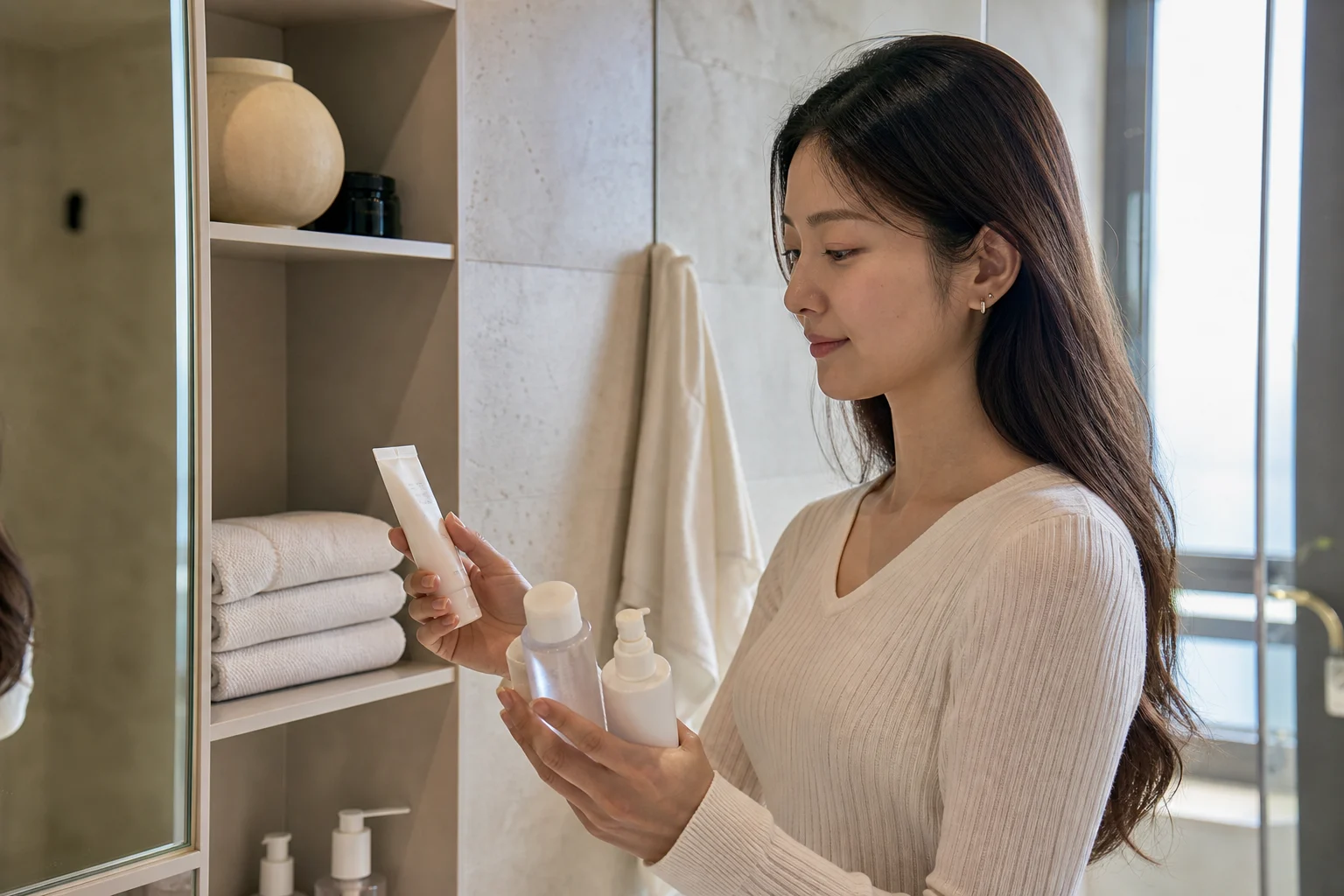 A woman choosing a small, simple Korean skincare routine at a bright contemporary bathroom shelf