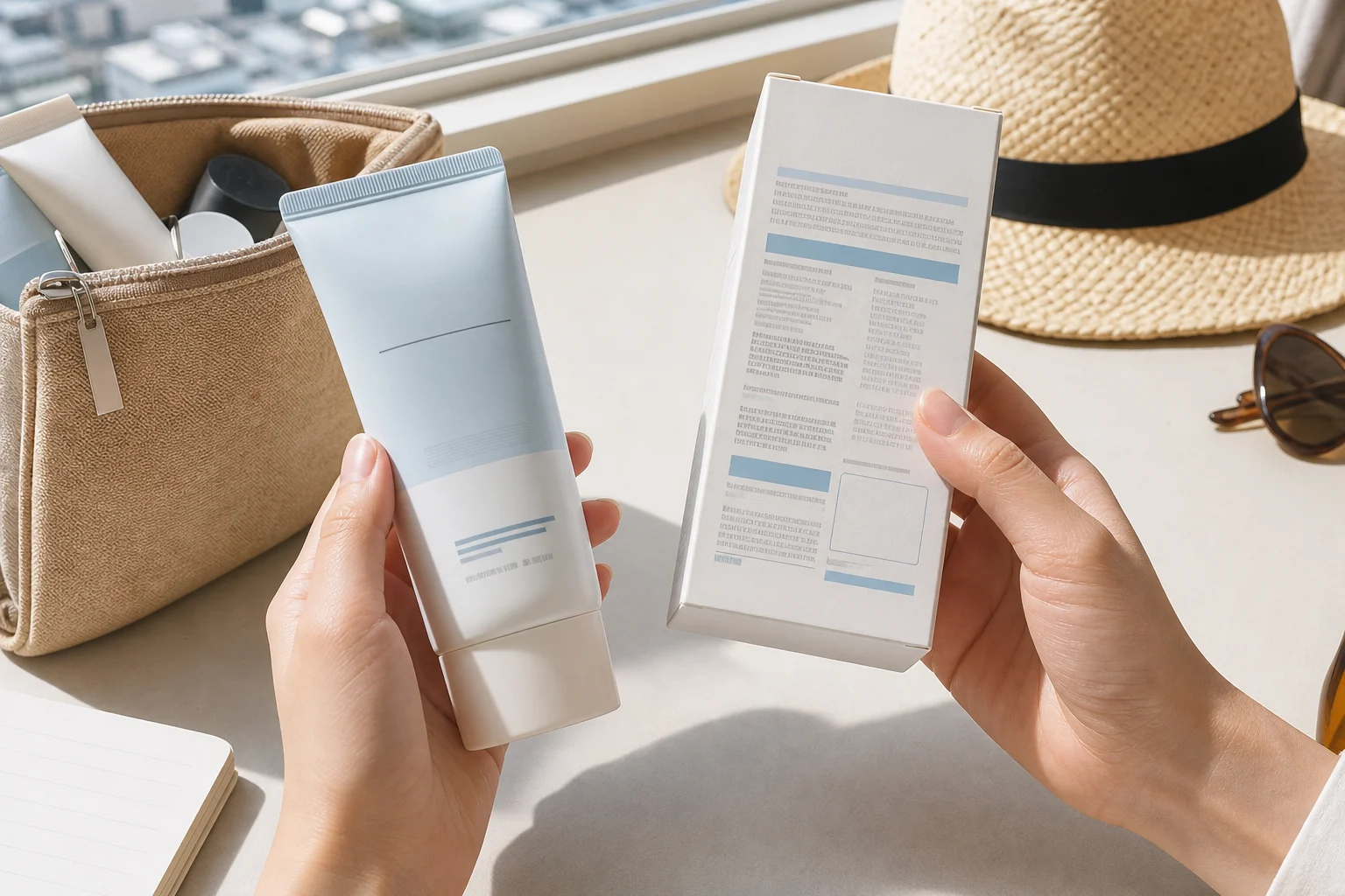 Hands comparing generic sunscreen packages and an unreadable label on a clean travel table