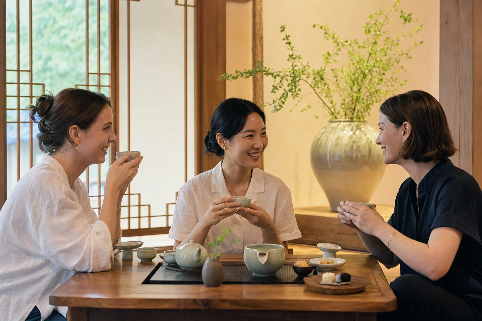 Korean woman and two international friends sharing celadon tea as equal participants in a contemporary Korean tea room