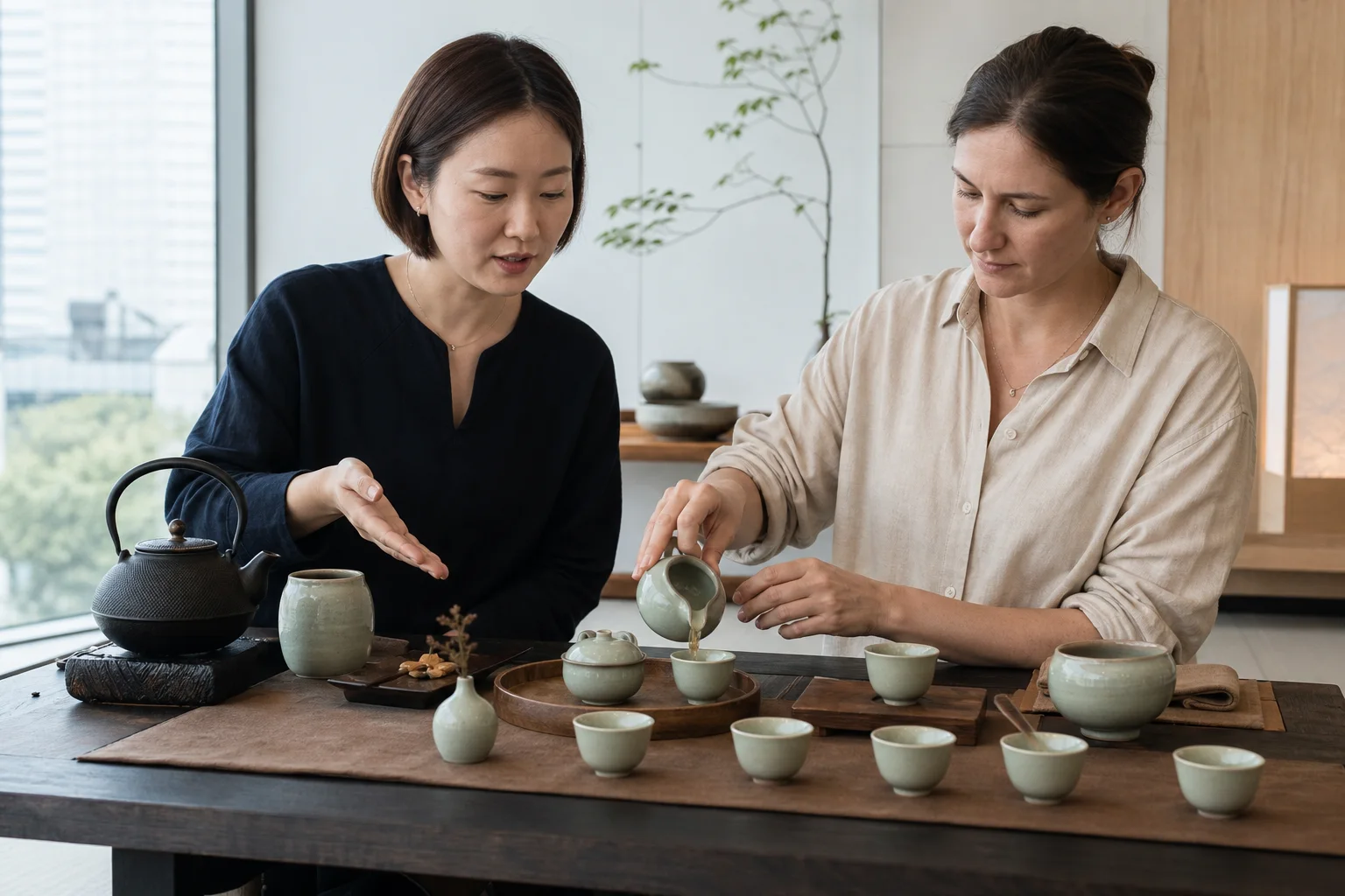 Korean tea instructor guiding an international participant as she practises pouring from celadon teaware at a low table