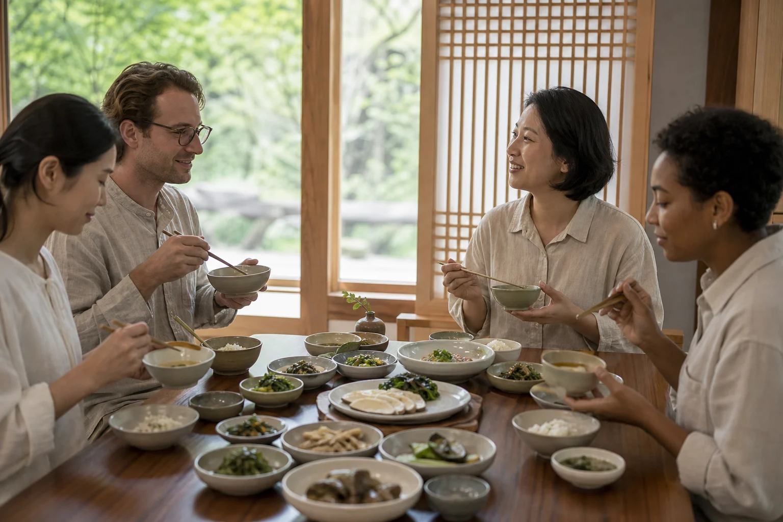 Korean and international adults sharing a restrained seasonal temple-food table as equal participants
