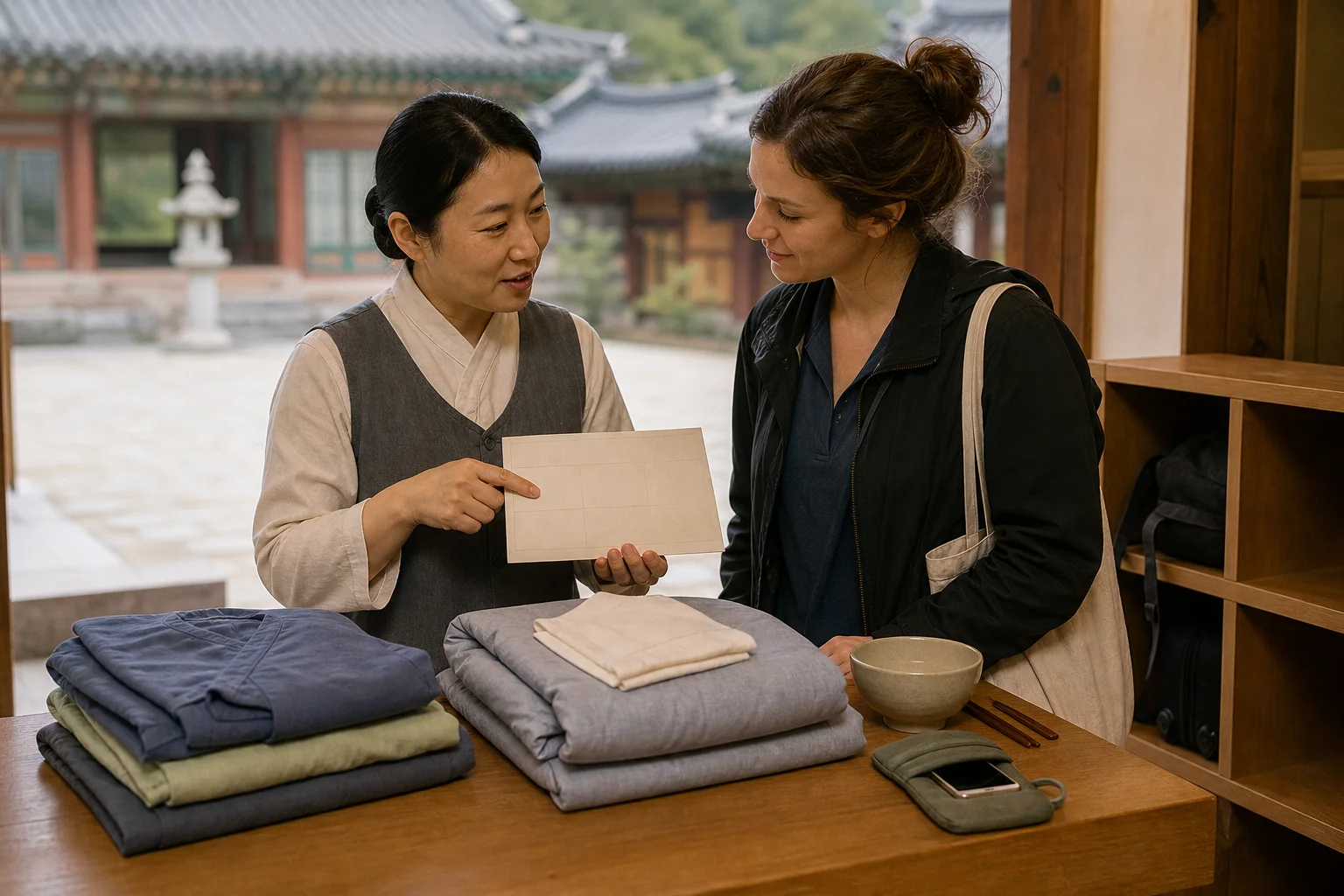 Temple-stay coordinator and international visitor reviewing a blank schedule beside programme clothing, bedding, a meal bowl, and a phone pouch