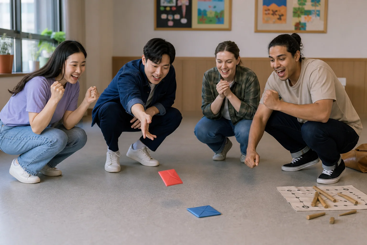 Four Korean and international adult friends playing paper ttakji together on a community-room floor with yutnori set aside as another option