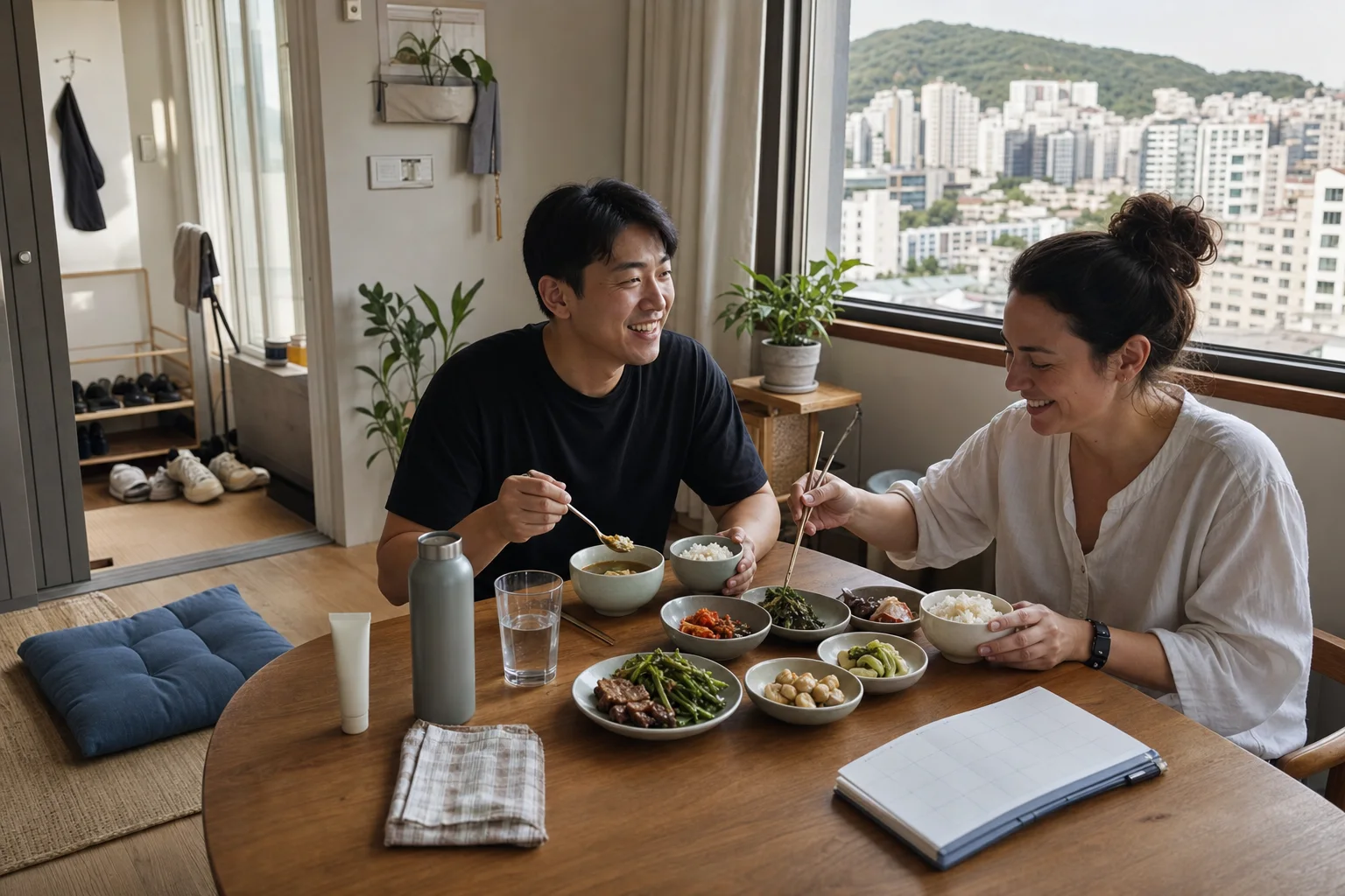 Korean adult and international friend sharing a home meal beside walking shoes, water, sunscreen, a floor cushion, and a blank weekly planner