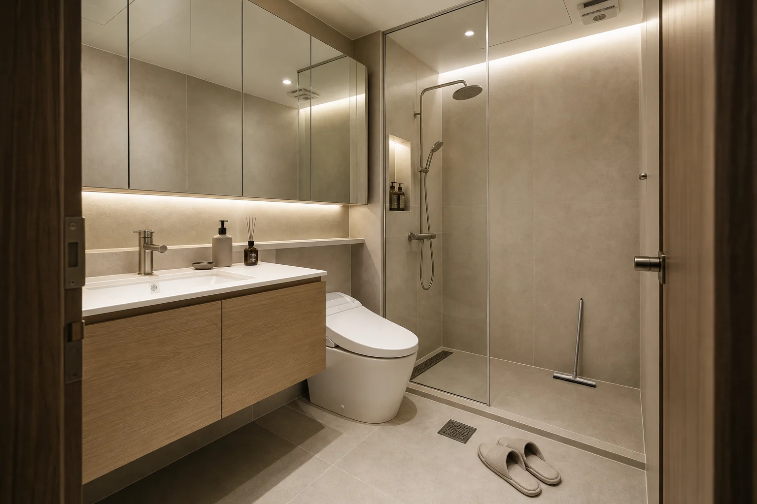 A refined contemporary Korean apartment bathroom with a floating vanity, mirrored storage, a bidet toilet, a glass shower partition, ceiling ventilation, and two floor drains