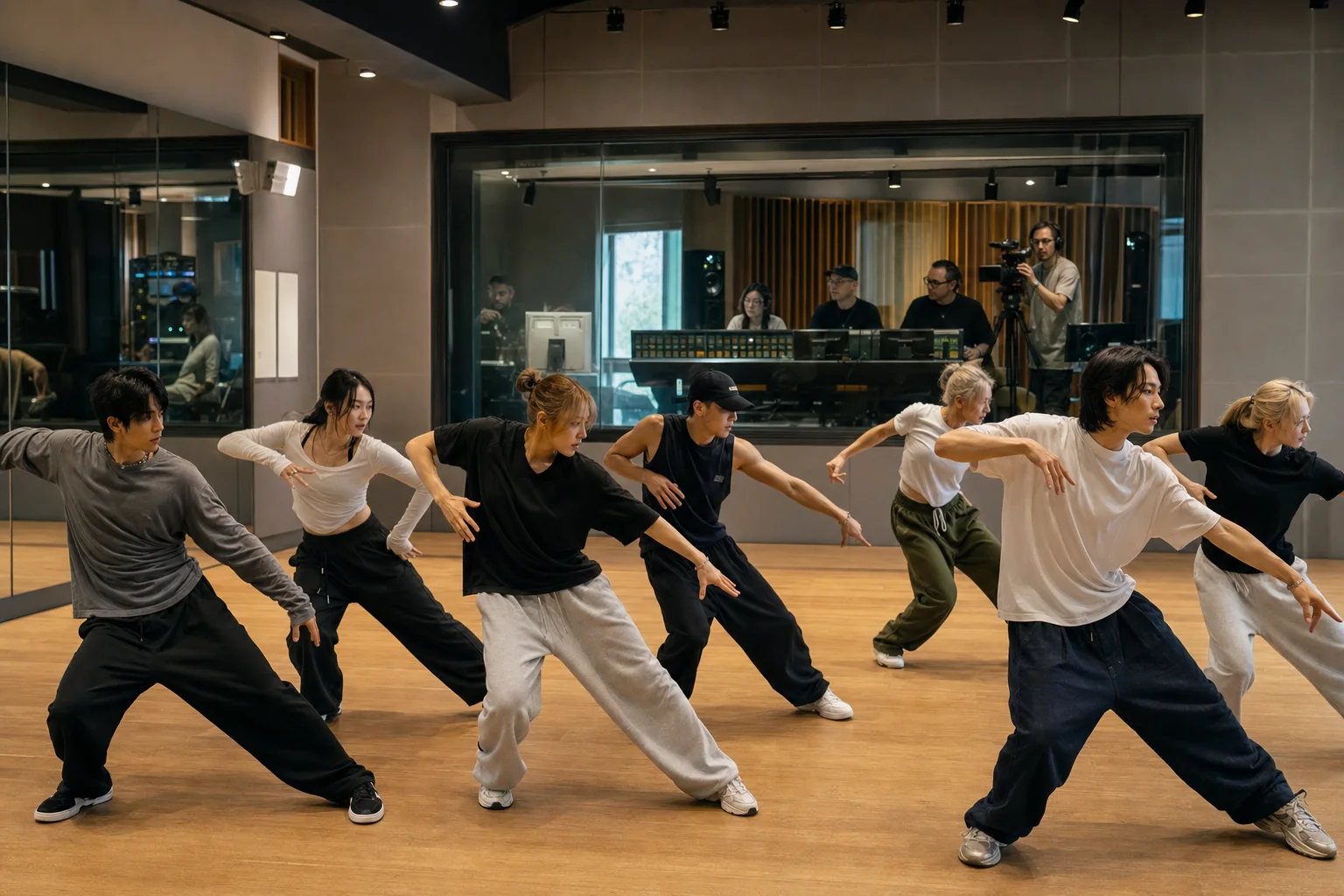 Adult performers rehearse choreography in a Seoul studio while production staff and a camera operator work behind a glass partition