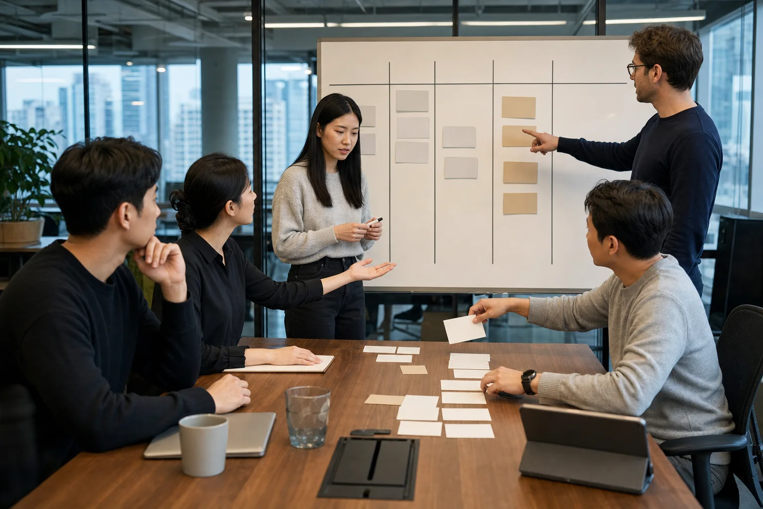 Korean and international coworkers redistributing blank task cards while inviting a quieter teammate into a deadline conversation