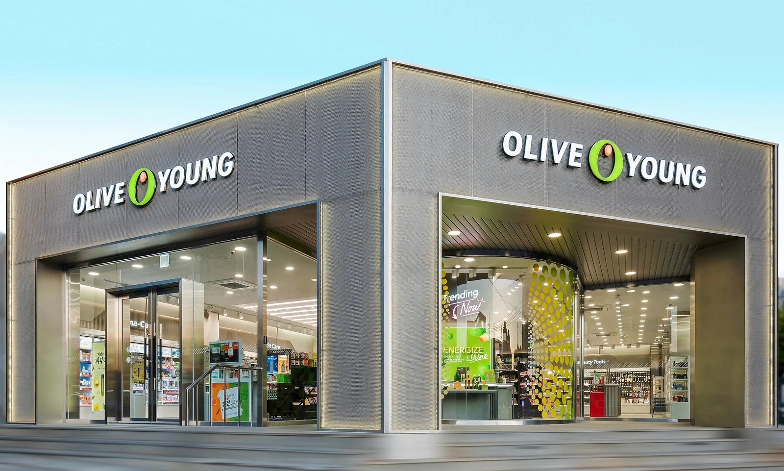 Exterior of a contemporary Olive Young store in South Korea