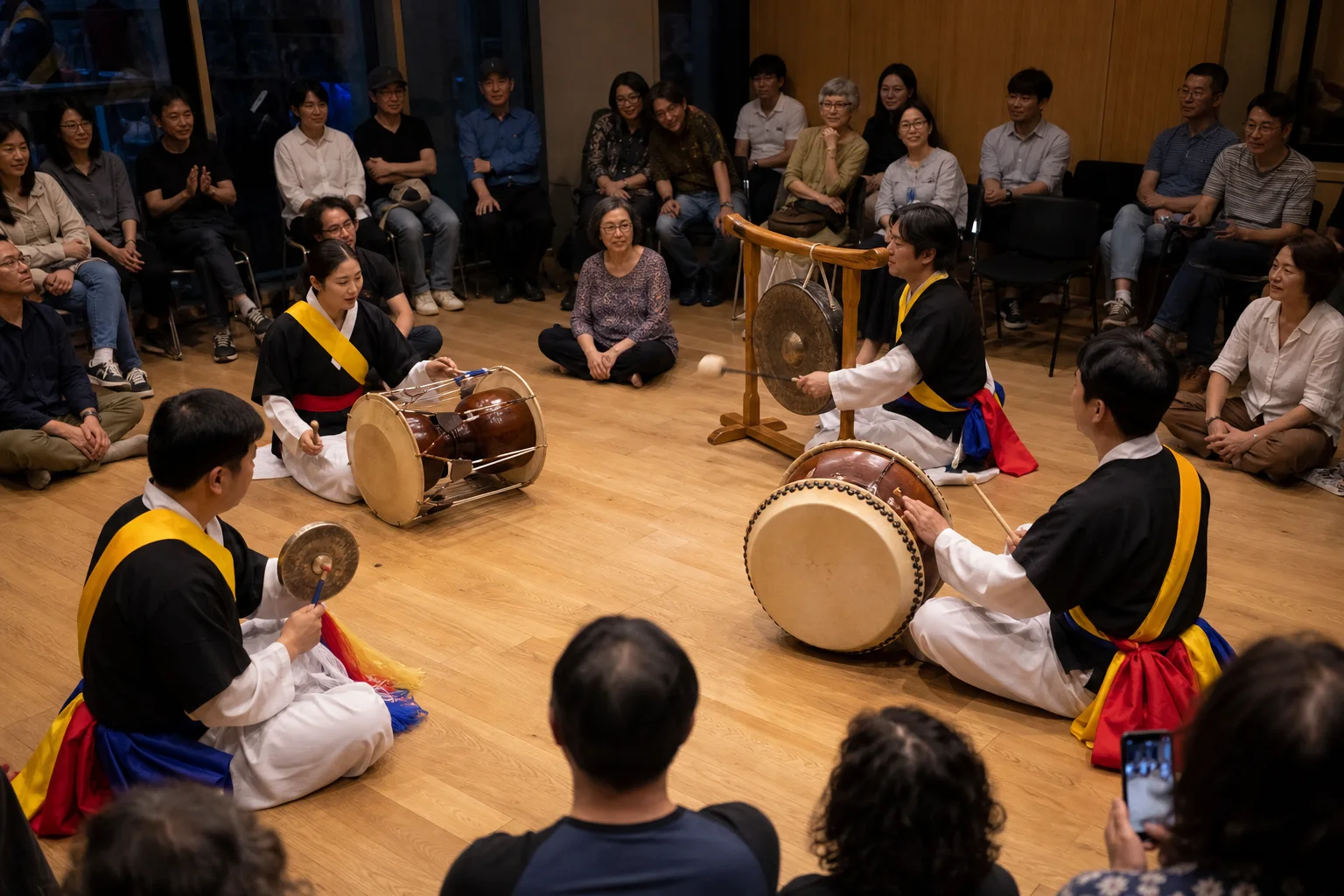 Exactly four Korean samulnori performers playing kkwaenggwari, jing, janggu, and buk inside a close circle of attentive adults