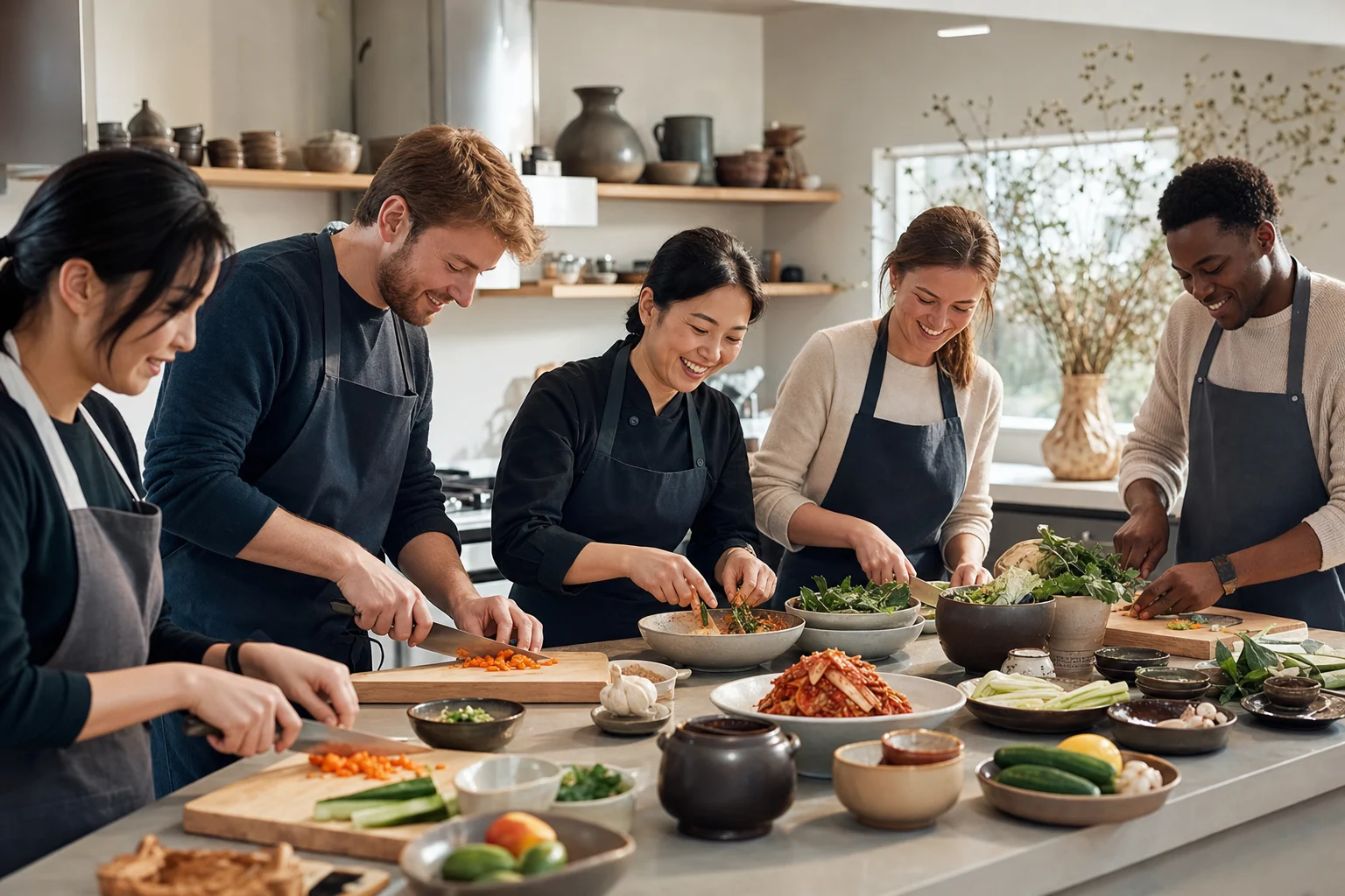 Korean and international participants preparing Korean food together at a contemporary Seoul cooking table
