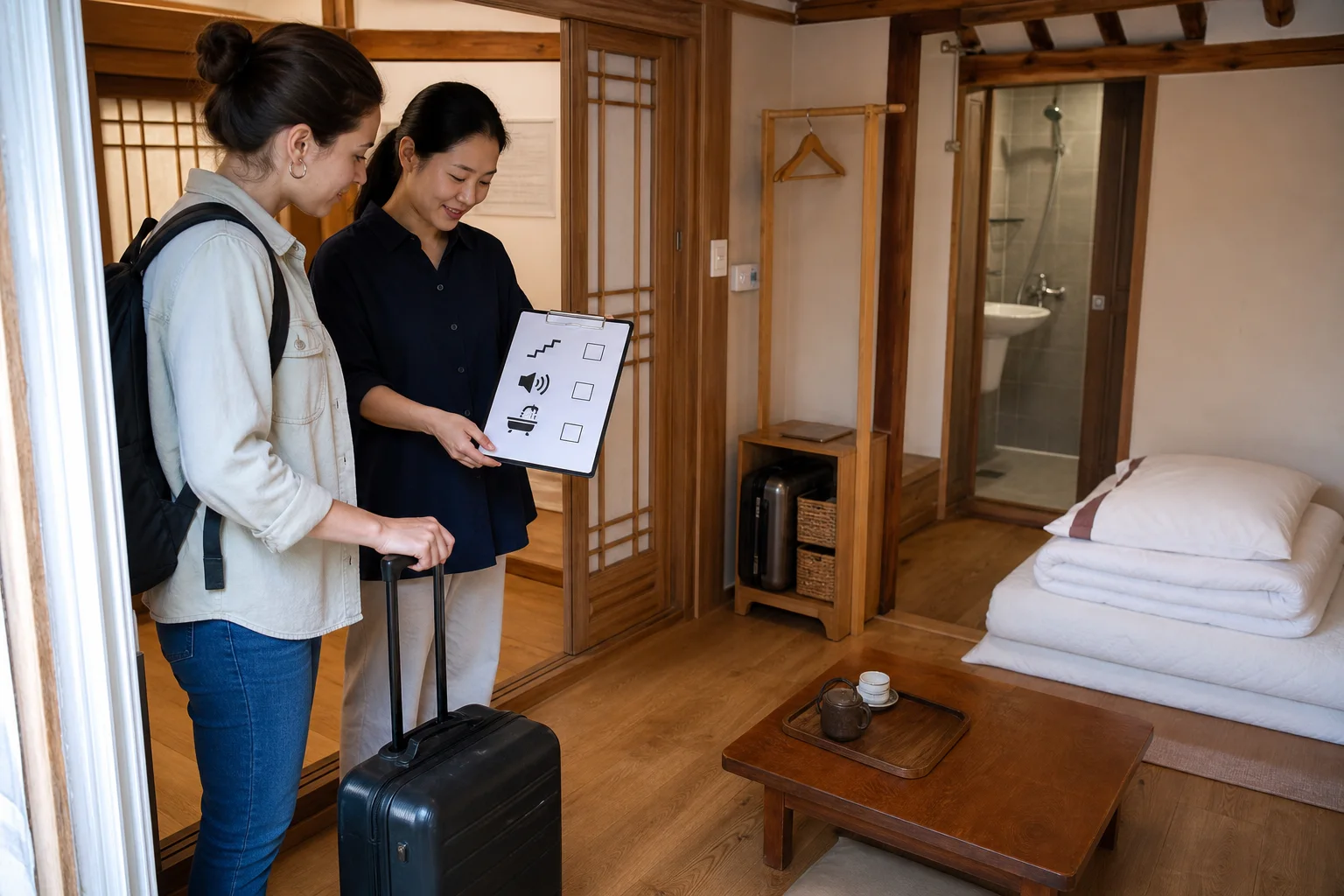 Korean host and international traveller checking stairs, sound, bathroom, floor bedding, and luggage details inside a non-specific hanok guest room