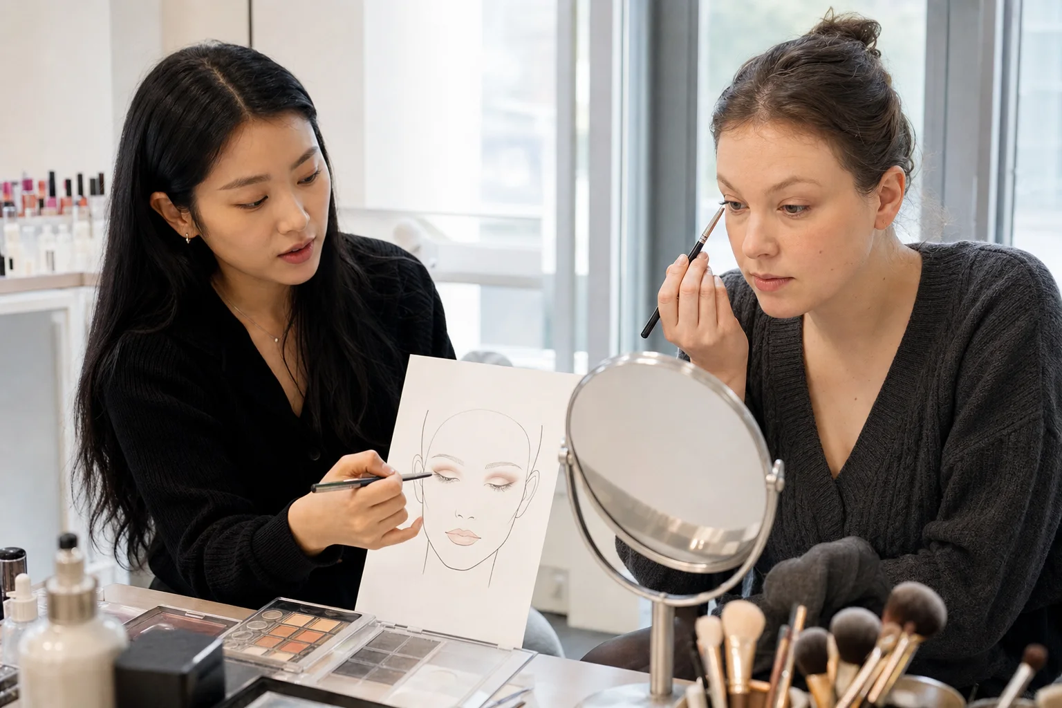 International adult learner applying makeup herself while a Korean instructor points to a generic face chart beside unbranded tools