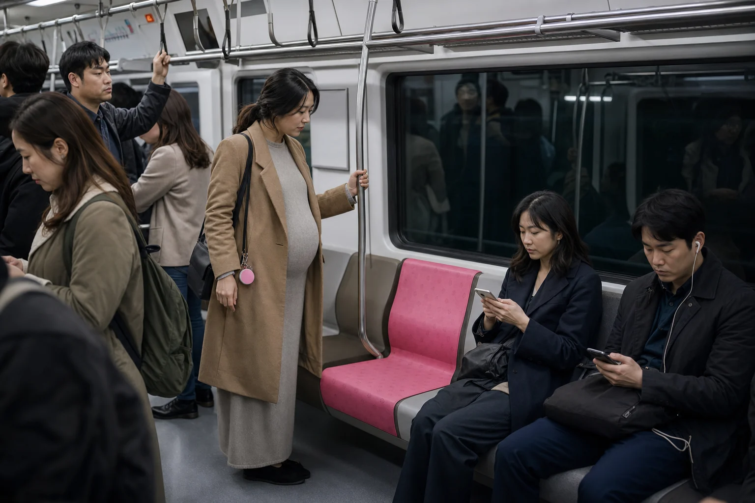 A pregnant adult approaches an empty pink priority seat in a crowded contemporary Seoul-style subway car