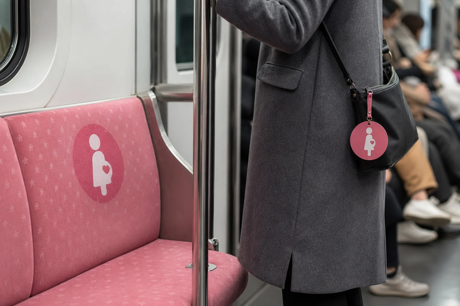 A generic pink bag tag aligns with an empty pink pregnancy-priority seat inside a contemporary subway car