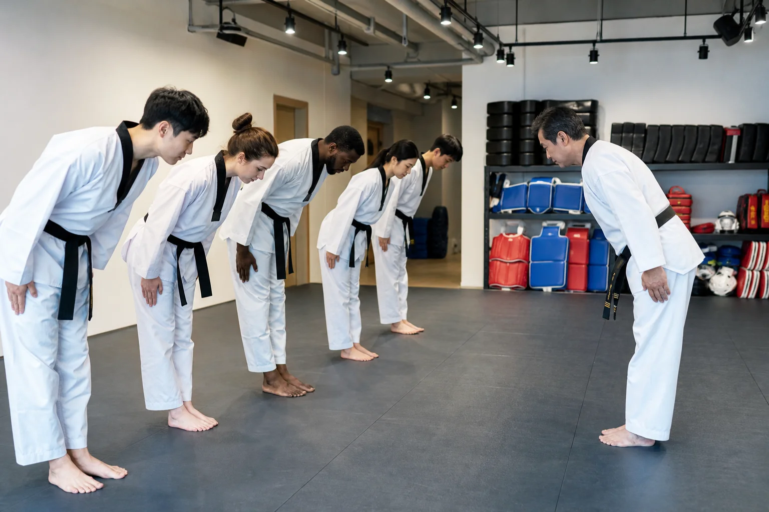 Taekwondo instructor and a diverse adult class bowing to one another in two lines on a modest dojang mat