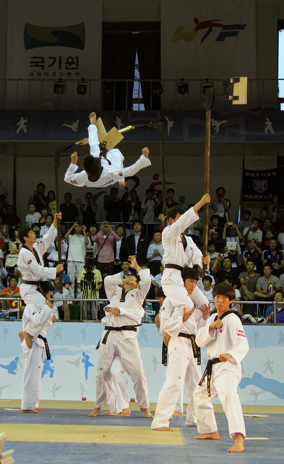 Taekwondo practitioners performing together at the 2012 World Taekwondo Hanmadang