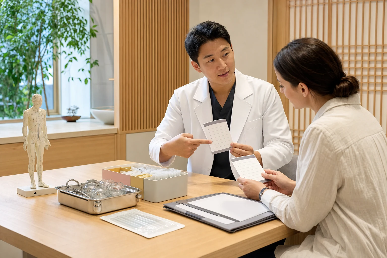 A doctor of Korean medicine and an international adult review blank medication and visit checklists beside sealed supplies
