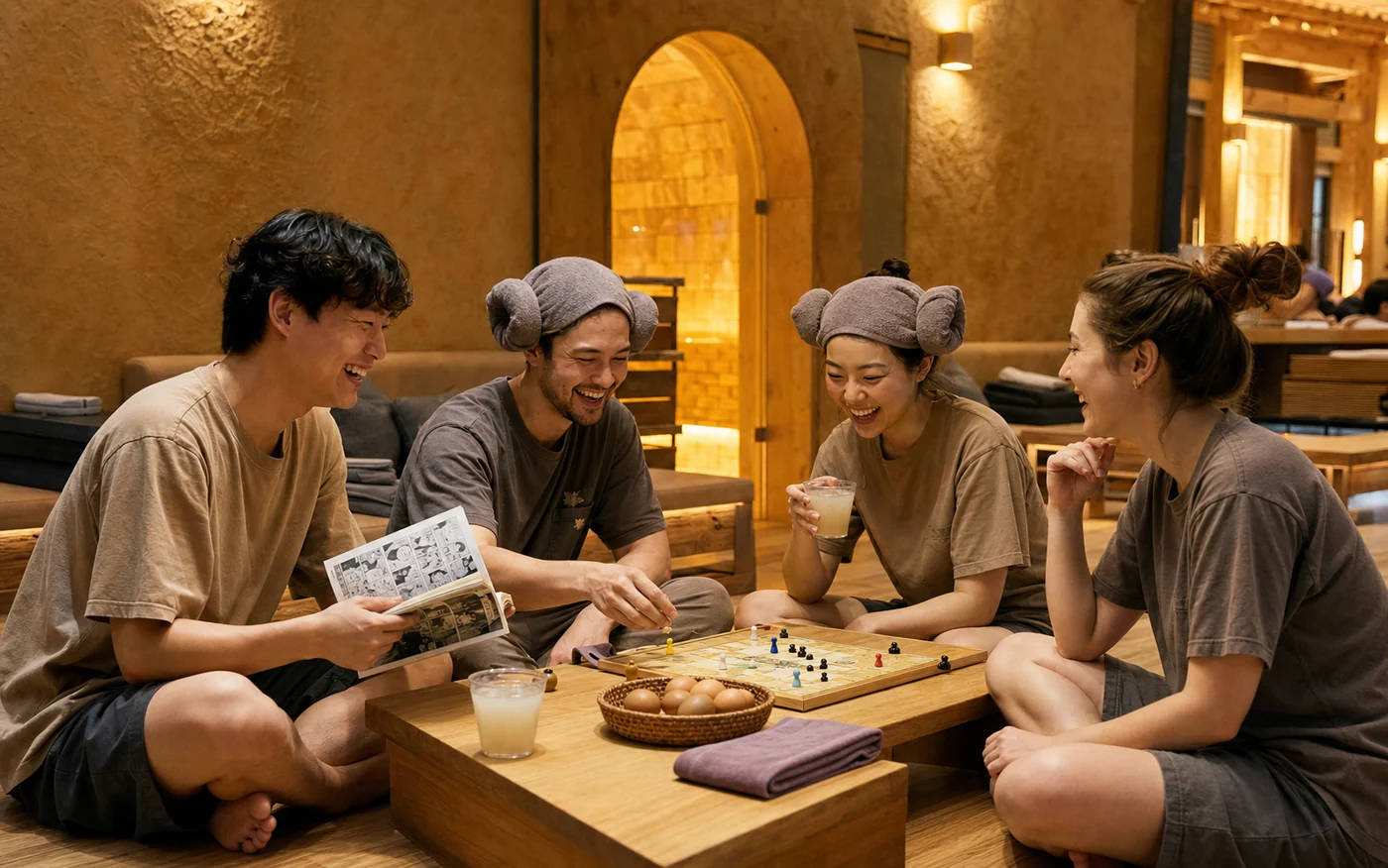Korean and international friends resting together in a contemporary jjimjilbang common lounge