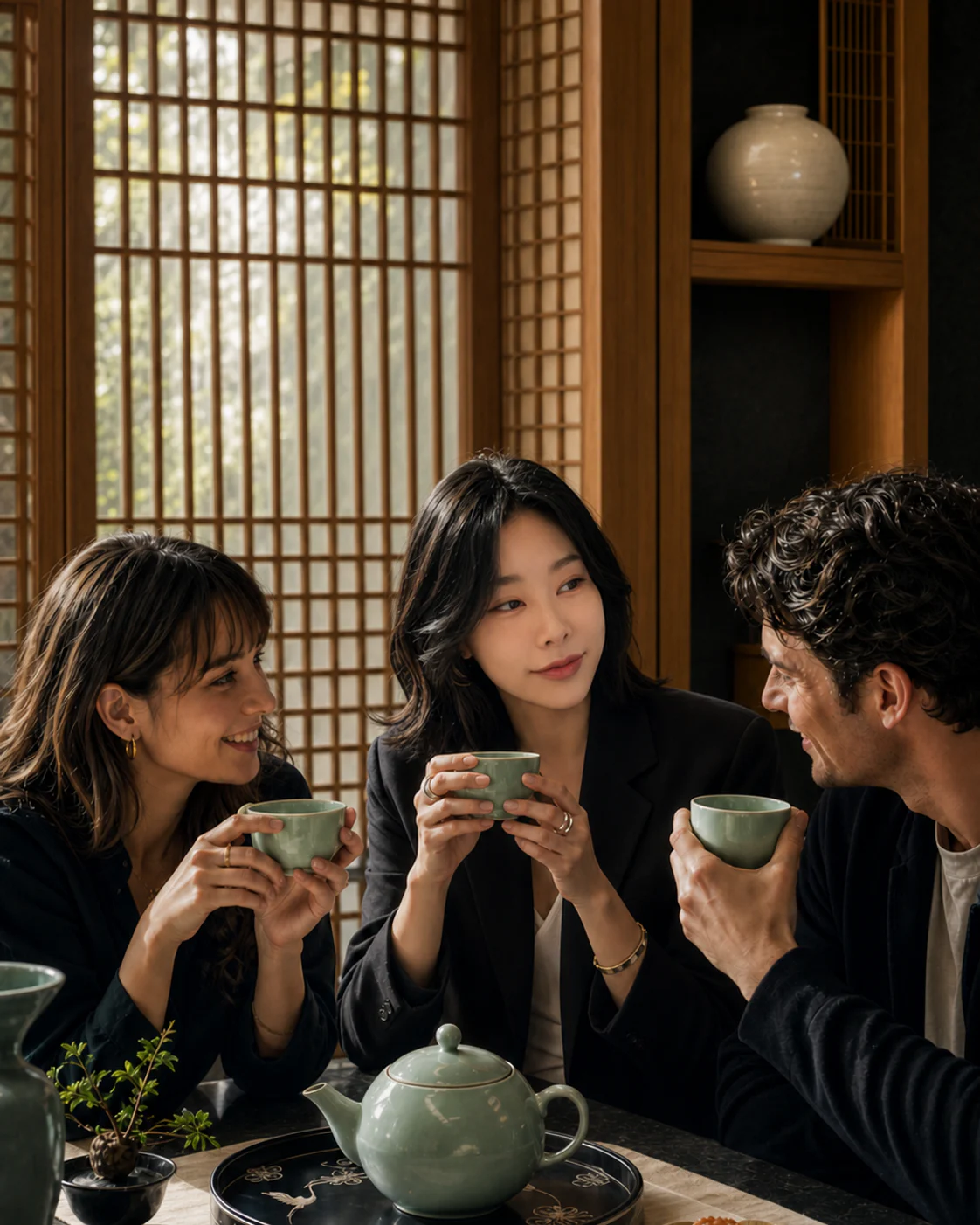 AI editorial image of a K1OWUP editor and two international friends sharing celadon tea in a contemporary Korean tea room, with a Korean moon jar, mother-of-pearl lacquer tray, and hanok-inspired lattice.